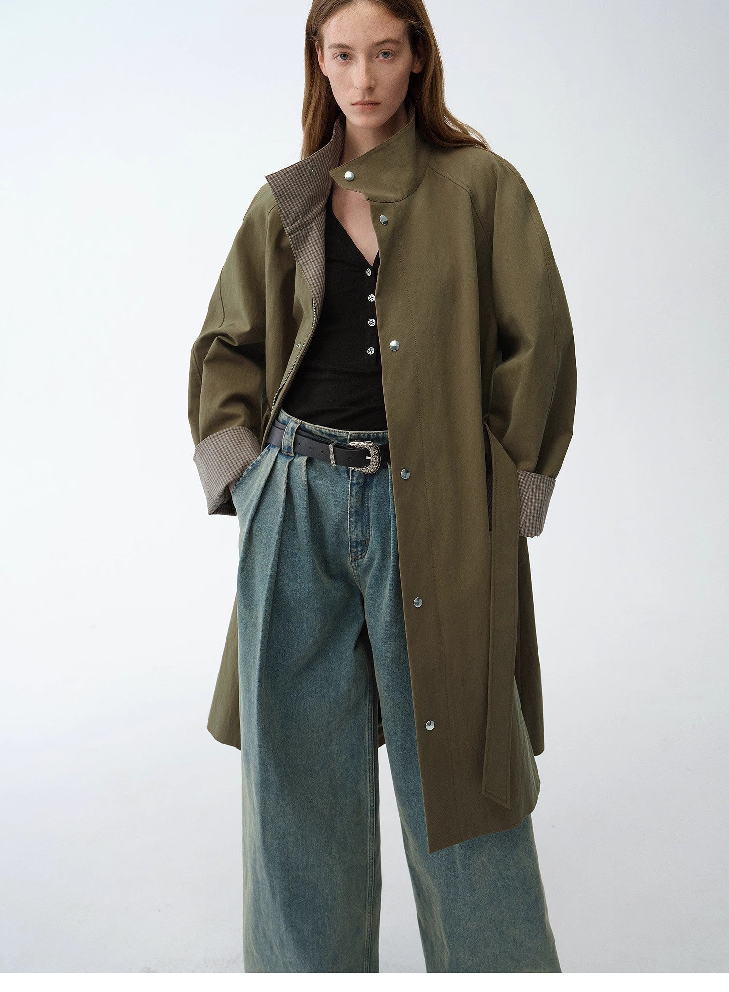 "Urban Island" Retro Plaid Mid - Length Workwear Lapel Trench Coat - variant_title