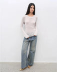 Urban Simplicity lavender wool long sleeve O-neck T-shirt on model angled front view