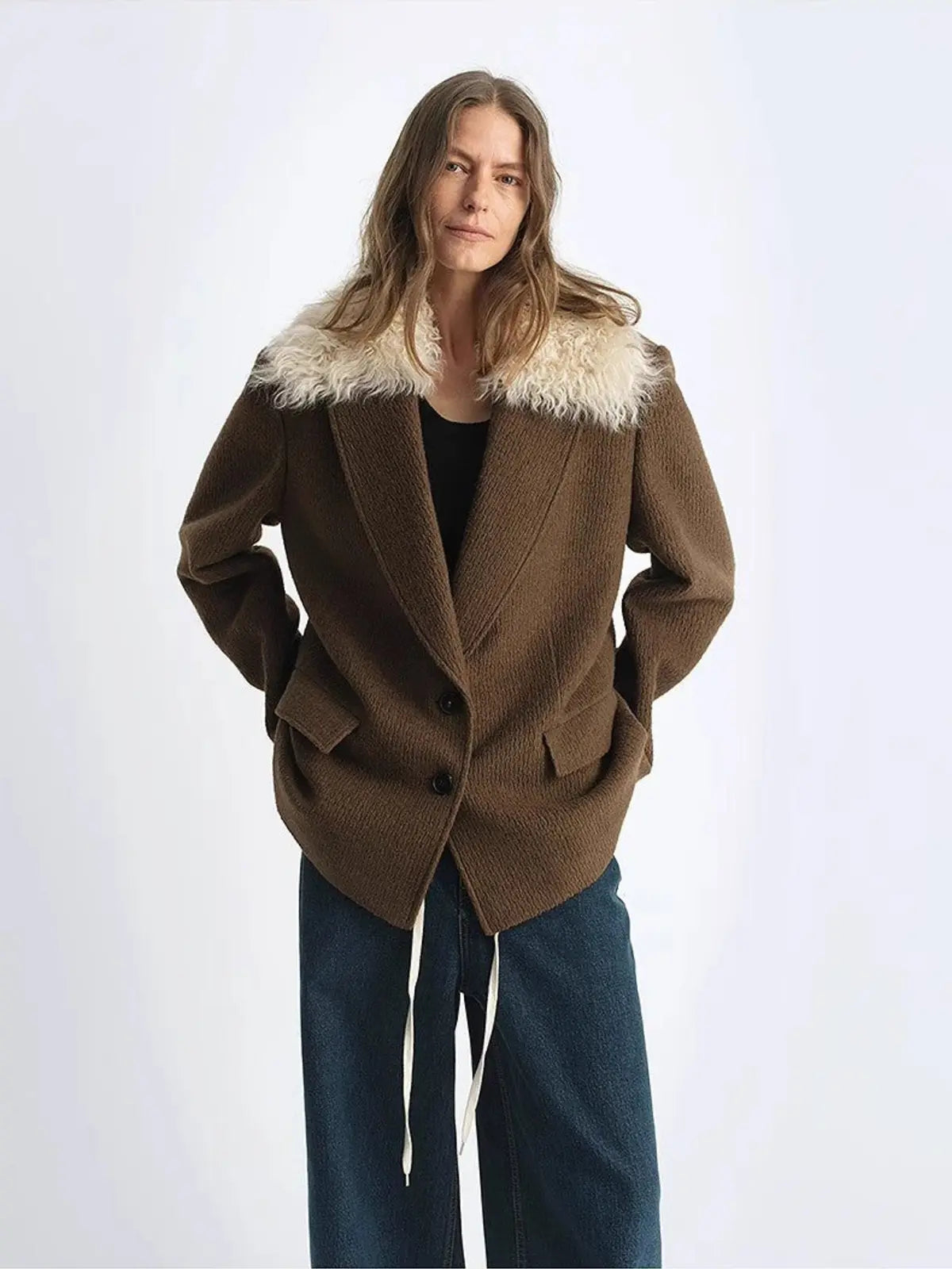 Vertical Texture wool tweed coat with detachable fur collar product image 02