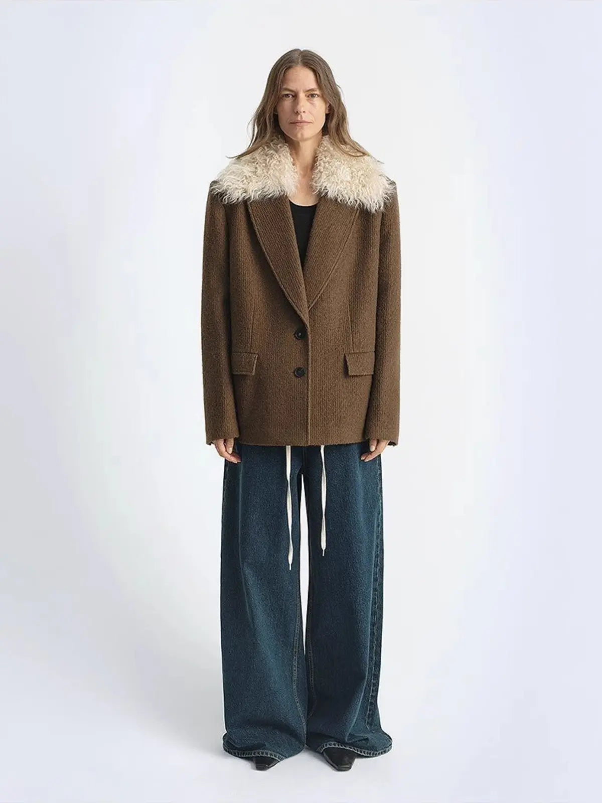 Vertical Texture wool tweed coat with detachable fur collar product image 06