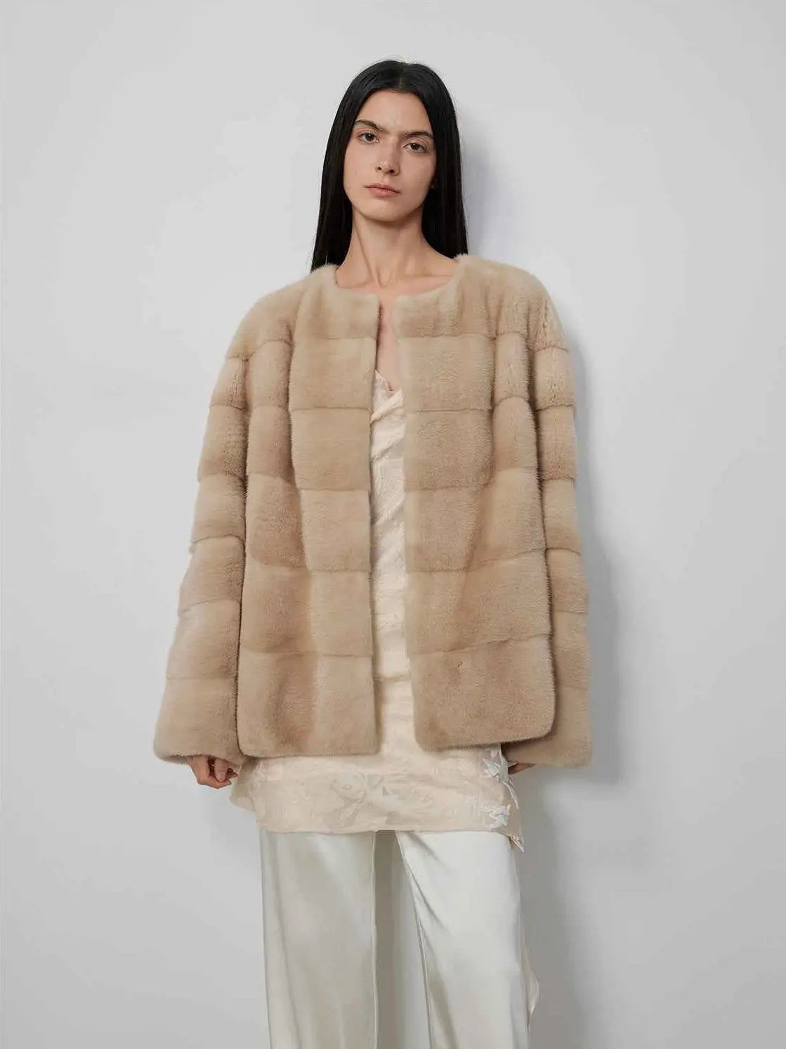 Vintage Clock White velvet mink fur coat on model, front view