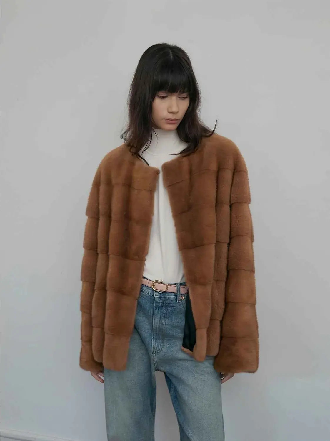 Vintage Clock Latte velvet mink fur coat on model, front view