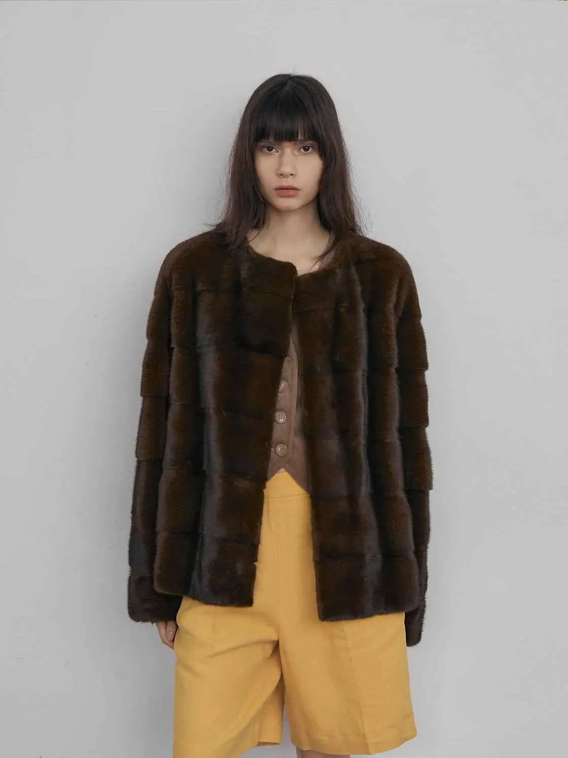 Vintage Clock Brown velvet mink fur coat on model, front view