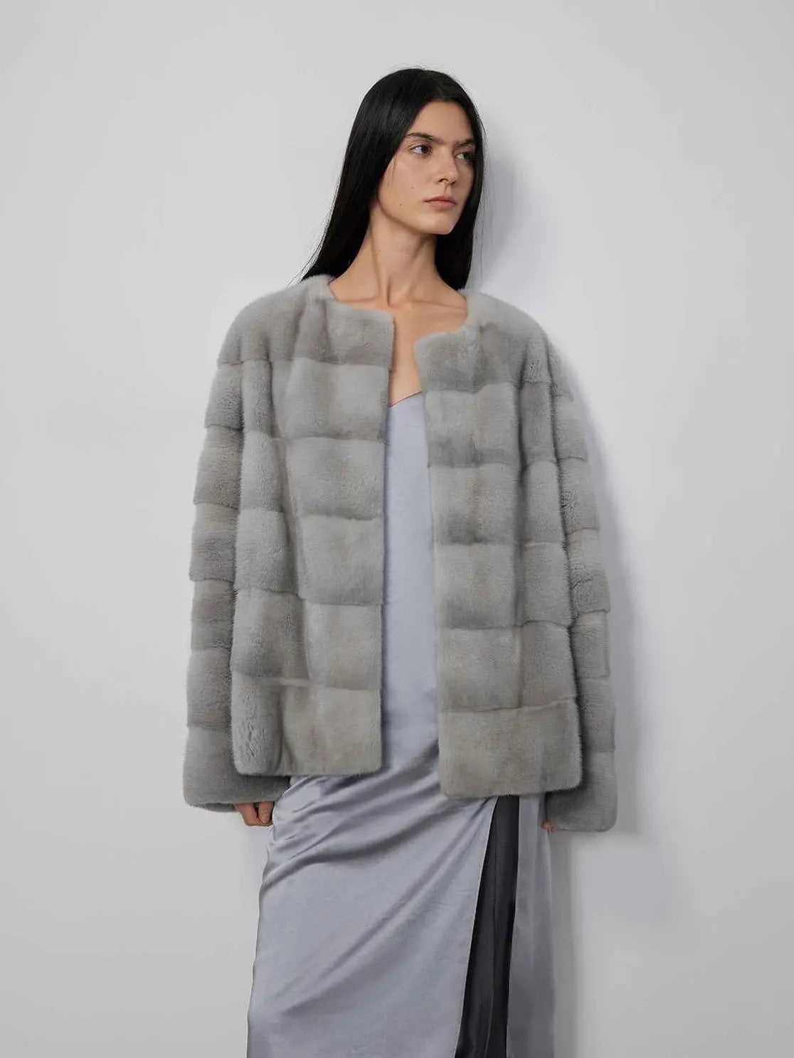 Vintage Clock Sapphire natural color mink fur coat on model