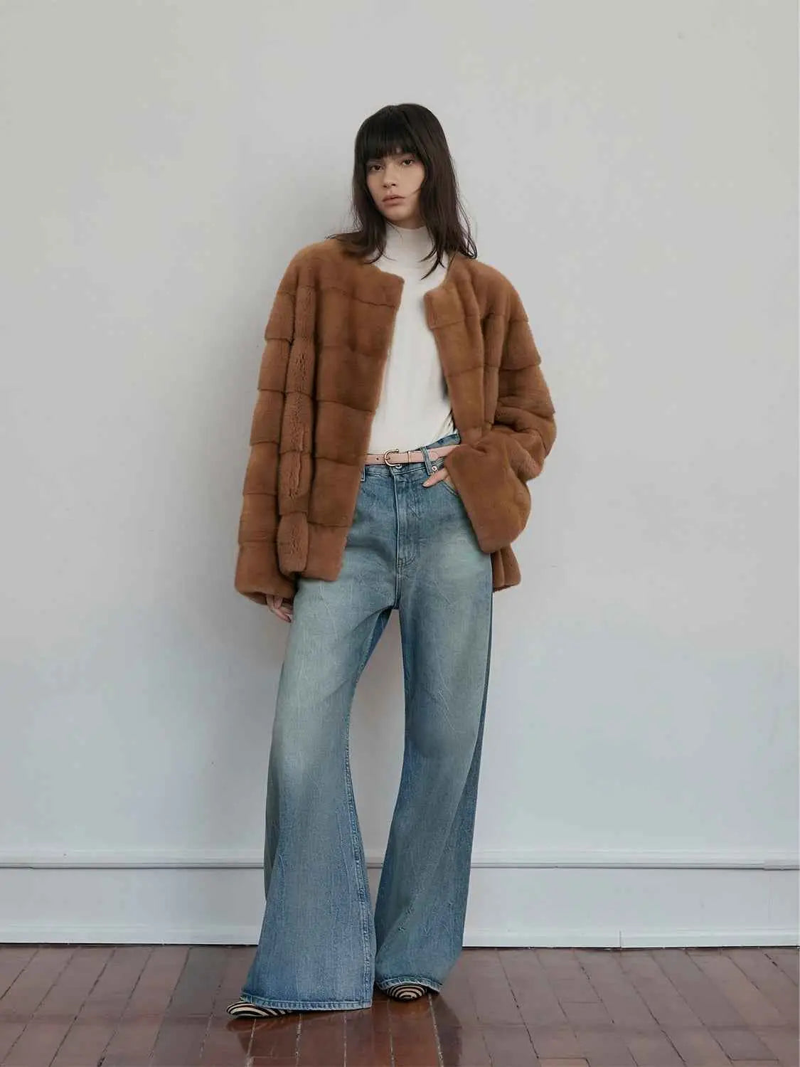 Vintage Clock Latte mink fur coat styled with wide-leg jeans