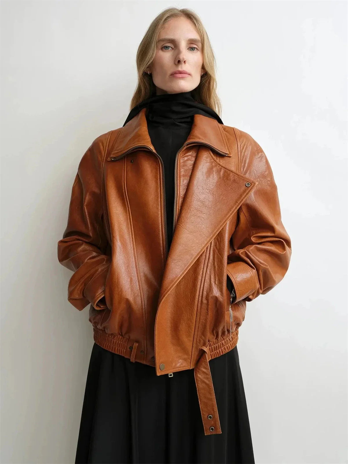 THE ARTM Women's Sheepskin Leather Jacket, Lightweight, Vintage Double Lapel Style