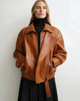 THE ARTM Women's Sheepskin Leather Jacket, Lightweight, Vintage Double Lapel Style