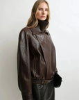 THE ARTM Women's Sheepskin Leather Jacket, Lightweight, Vintage Double Lapel Style