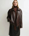 THE ARTM Women's Sheepskin Leather Jacket, Lightweight, Vintage Double Lapel Style