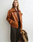 THE ARTM Women's Sheepskin Leather Jacket, Lightweight, Vintage Double Lapel Style