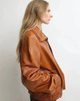 THE ARTM Women's Sheepskin Leather Jacket, Lightweight, Vintage Double Lapel Style