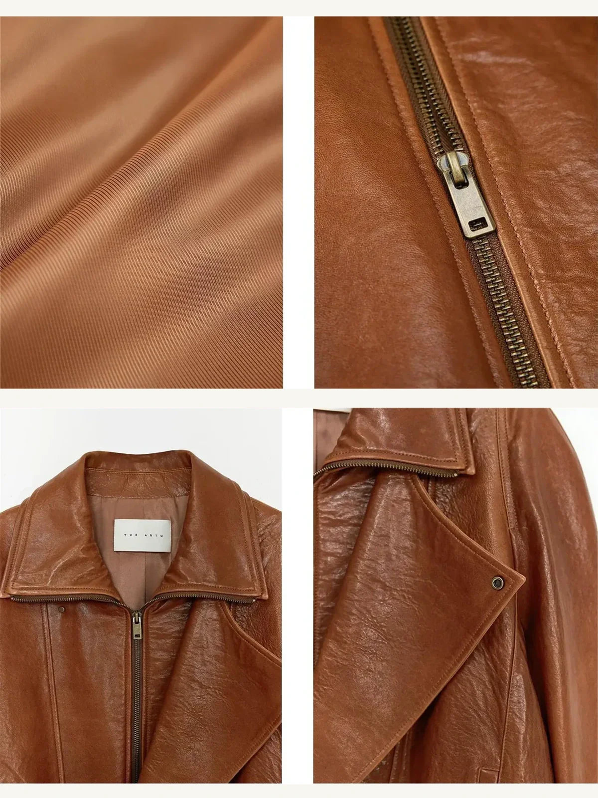 THE ARTM Women's Sheepskin Leather Jacket, Lightweight, Vintage Double Lapel Style
