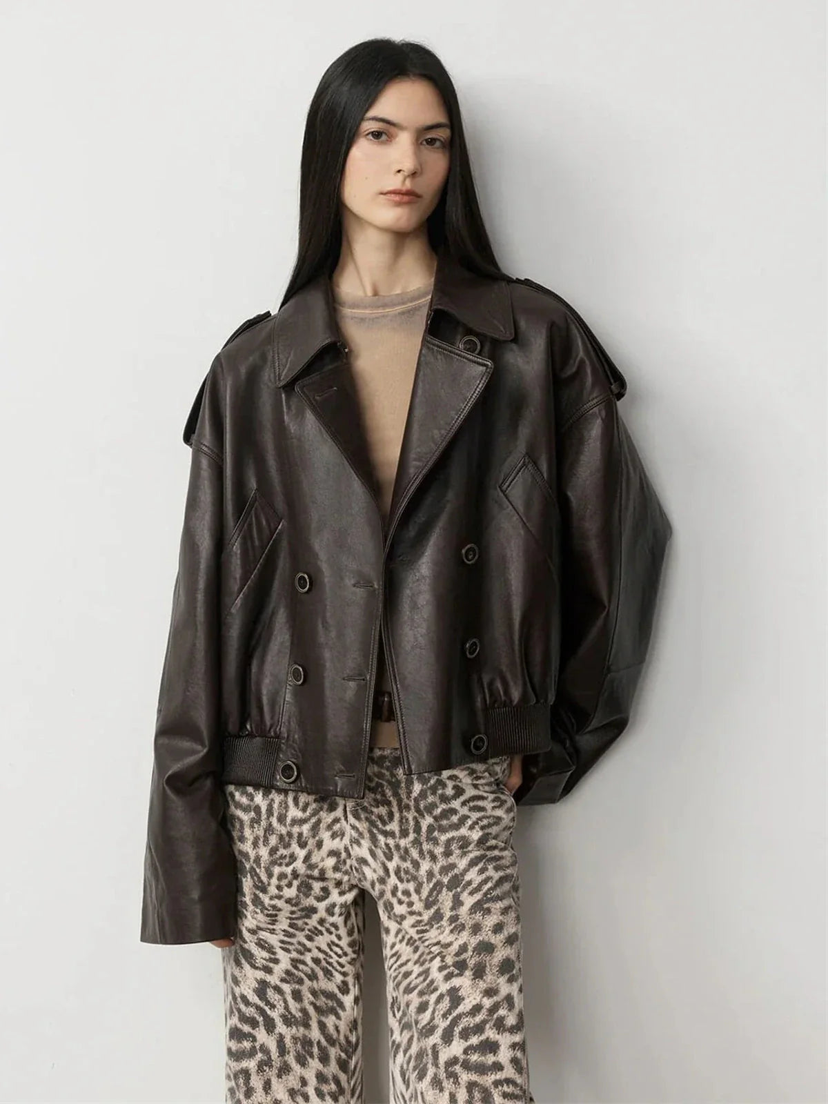 Firelady Fur Fashion Boundaries brown waxed lambskin bomber jacket front view