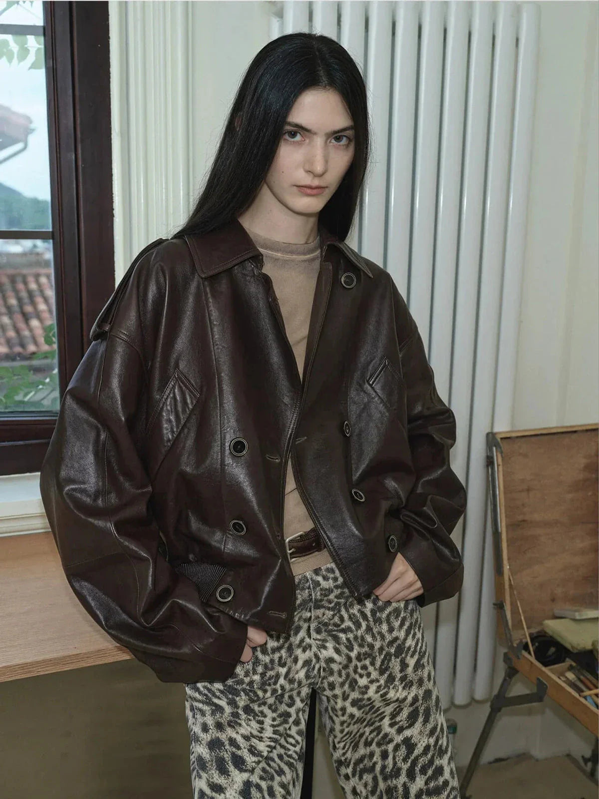 Firelady Fur Fashion Boundaries brown waxed lambskin bomber jacket styled outfit