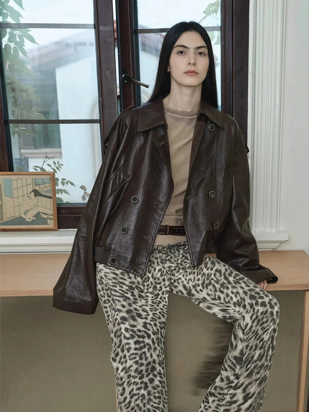 Firelady Fur Fashion Boundaries leather bomber jacket side profile on model