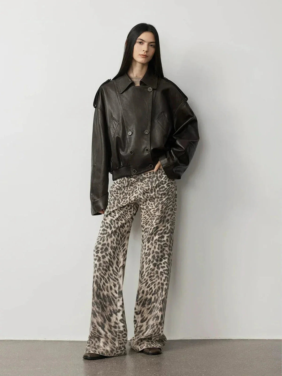Firelady Fur Fashion Boundaries brown leather bomber jacket studio front view