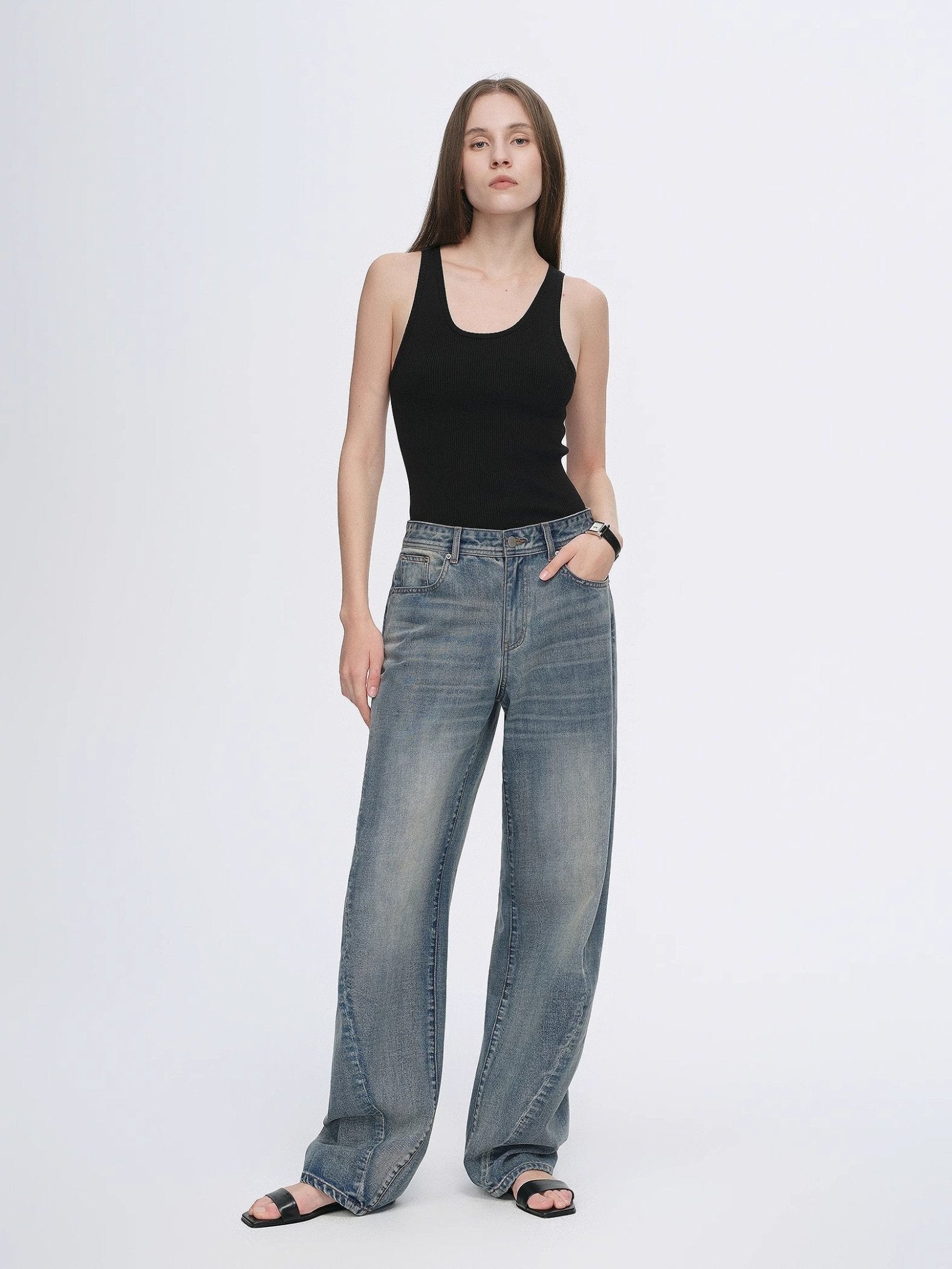 Vintage heavy cotton polyester blended washed comfortable slim front curved jeans - variant_title