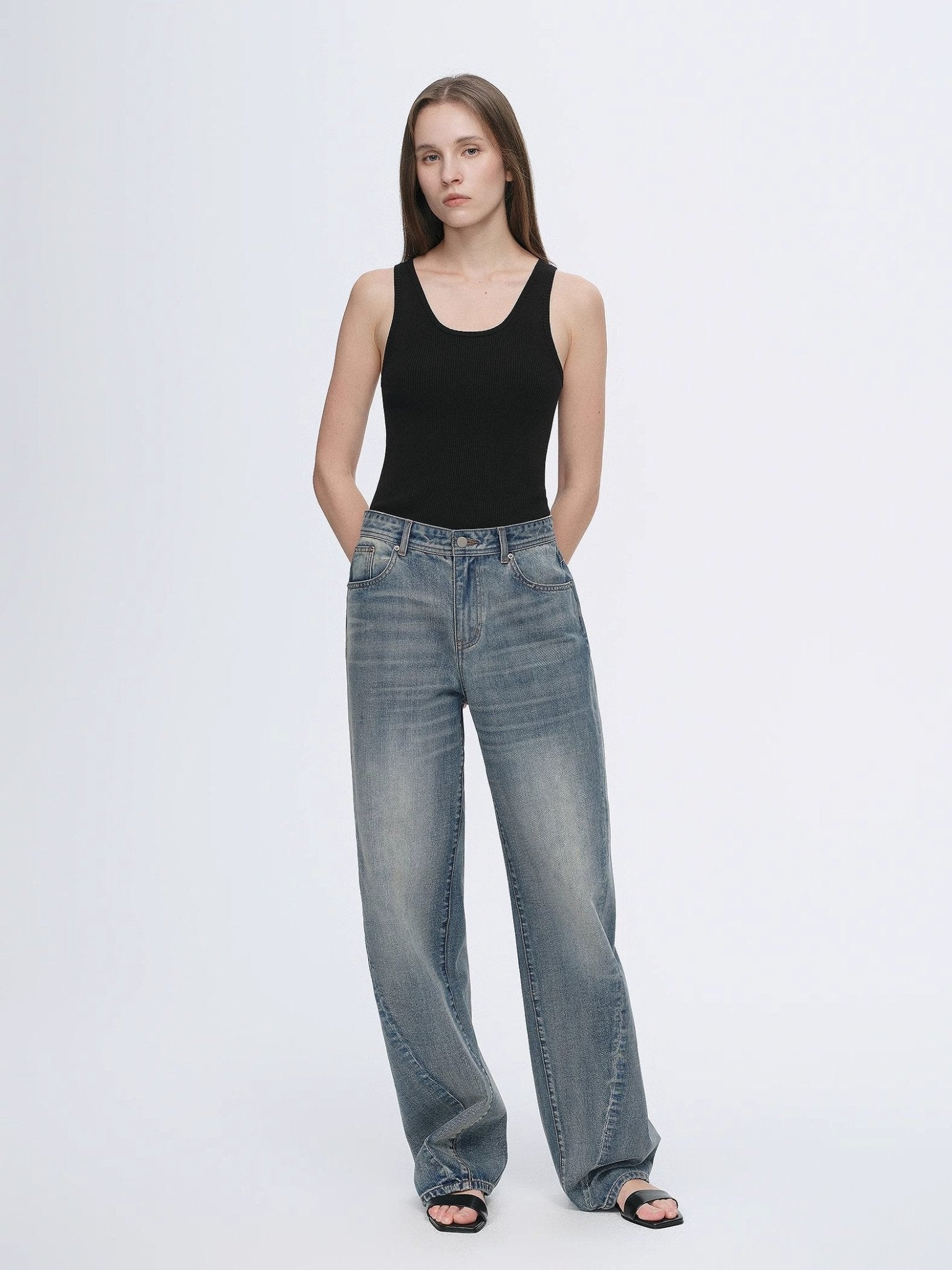 Vintage heavy cotton polyester blended washed comfortable slim front curved jeans - variant_title