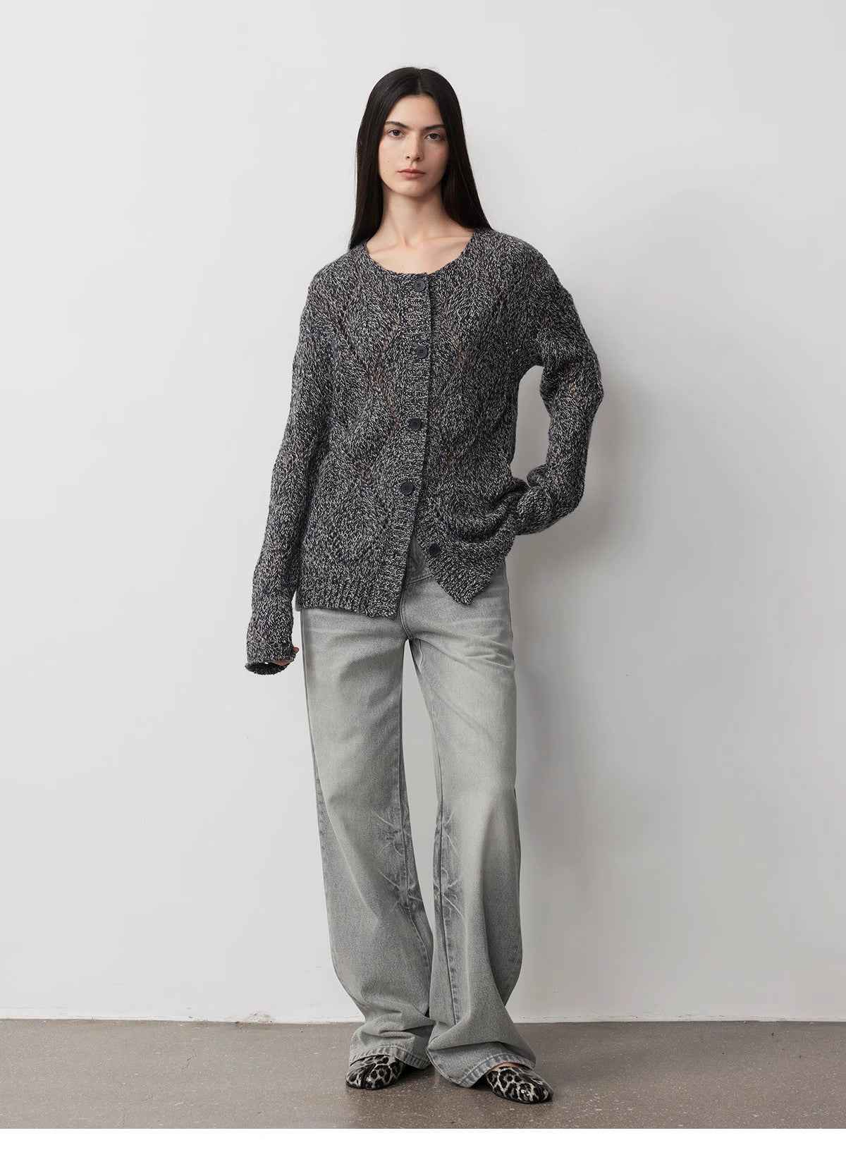 Vintage Heavy Wash Distressed Marble Pattern V - Shaped Segmented Slimming Textured Straight - Leg Denim Trousers - variant_title