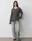 Vintage Heavy Wash Distressed Marble Pattern V - Shaped Segmented Slimming Textured Straight - Leg Denim Trousers - variant_title