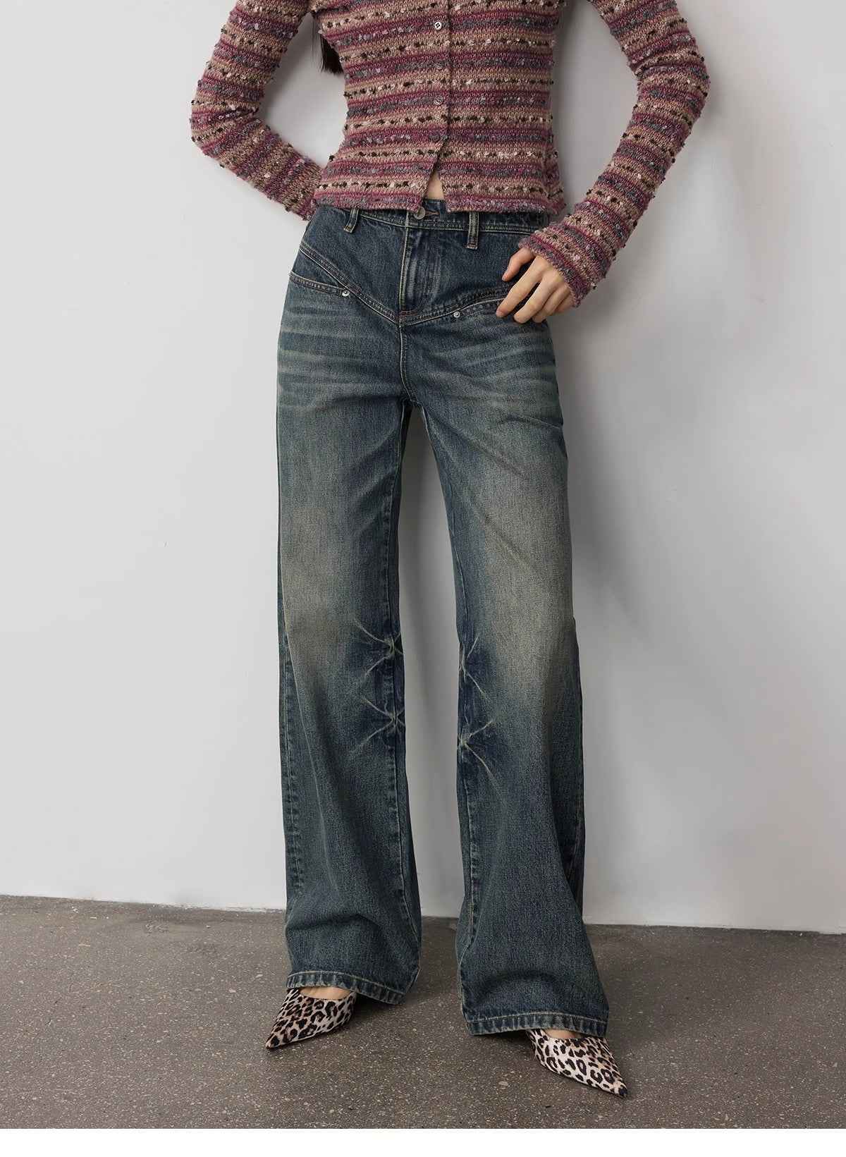 Vintage Heavy Wash Distressed Marble Pattern V - Shaped Segmented Slimming Textured Straight - Leg Denim Trousers - variant_title