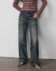 Vintage Heavy Wash Distressed Marble Pattern V - Shaped Segmented Slimming Textured Straight - Leg Denim Trousers - variant_title
