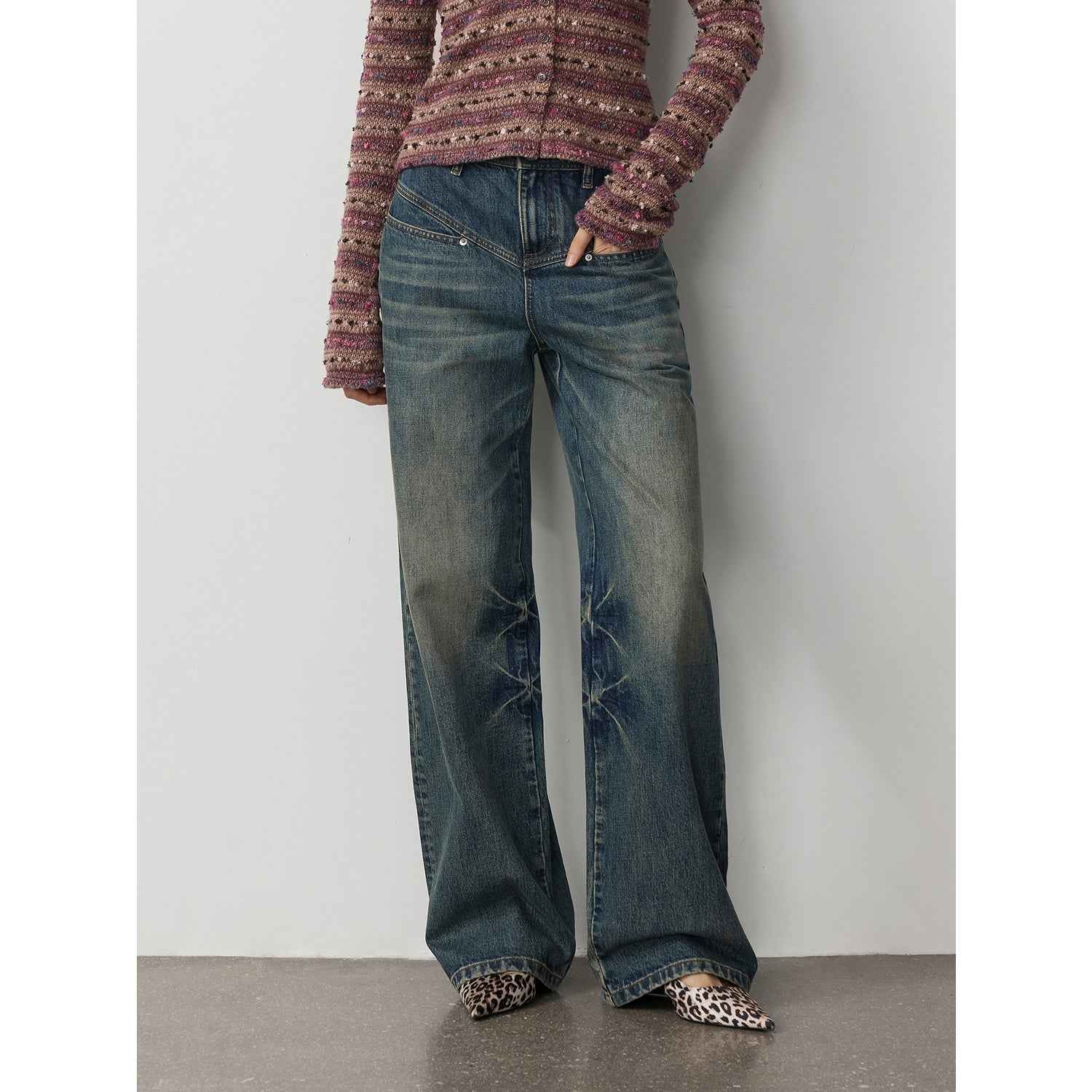 Vintage Heavy Wash Distressed Marble Pattern V - Shaped Segmented Slimming Textured Straight - Leg Denim Trousers - variant_title