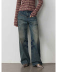 Vintage Heavy Wash Distressed Marble Pattern V - Shaped Segmented Slimming Textured Straight - Leg Denim Trousers - variant_title