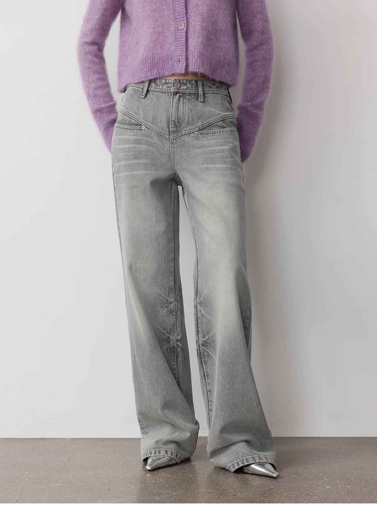 Vintage Heavy Wash Distressed Marble Pattern V - Shaped Segmented Slimming Textured Straight - Leg Denim Trousers - variant_title