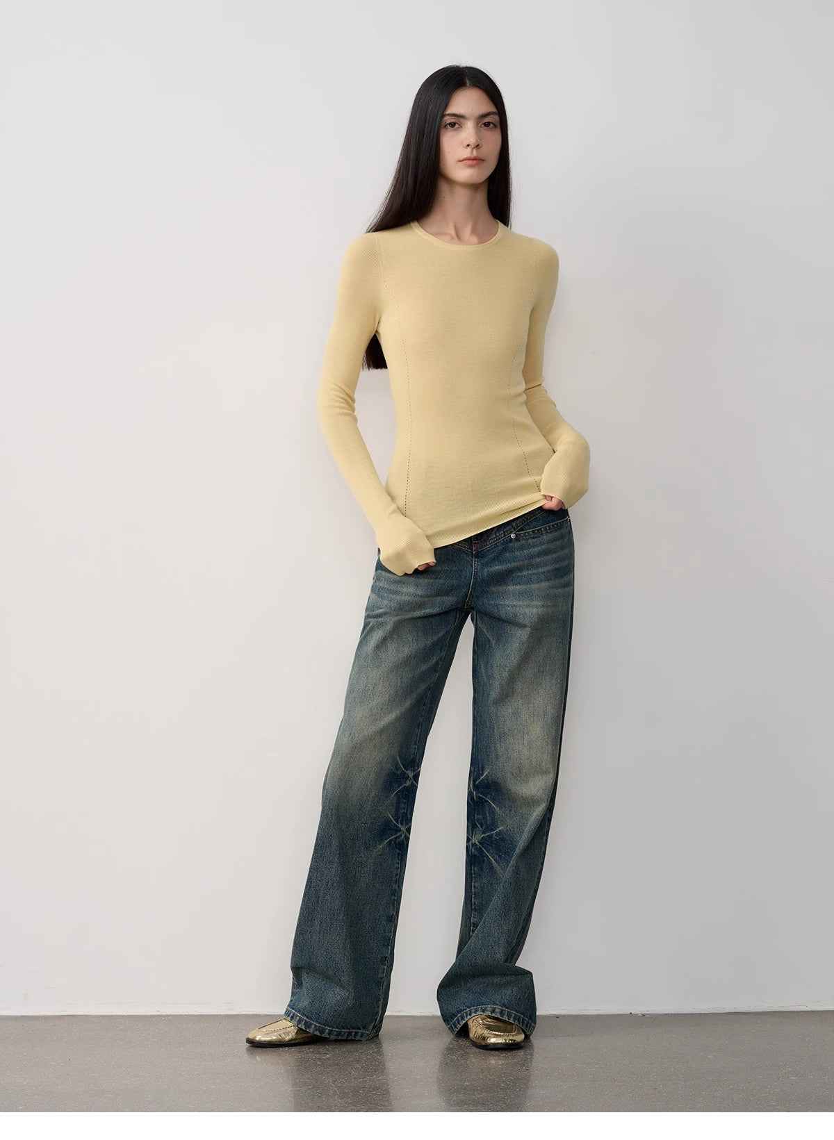 Vintage Heavy Wash Distressed Marble Pattern V - Shaped Segmented Slimming Textured Straight - Leg Denim Trousers - variant_title