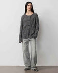 Vintage Heavy Wash Distressed Marble Pattern V - Shaped Segmented Slimming Textured Straight - Leg Denim Trousers - variant_title