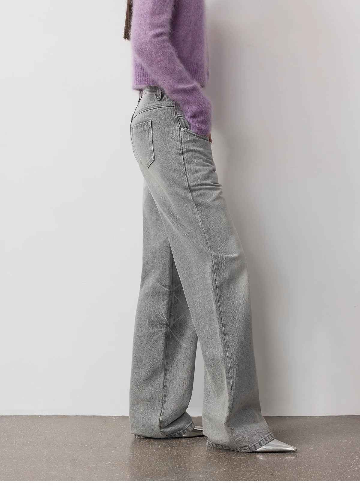 Vintage Heavy Wash Distressed Marble Pattern V - Shaped Segmented Slimming Textured Straight - Leg Denim Trousers - variant_title