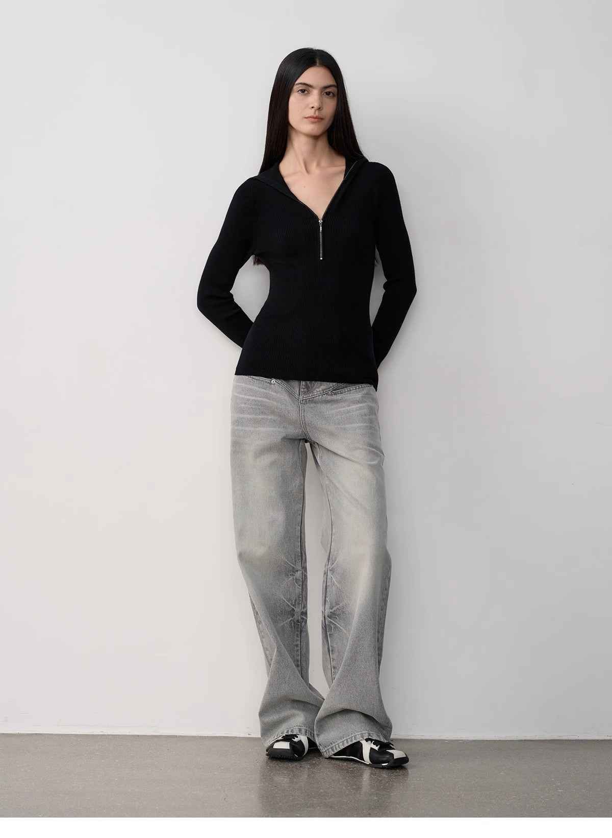 Vintage Heavy Wash Distressed Marble Pattern V - Shaped Segmented Slimming Textured Straight - Leg Denim Trousers - variant_title