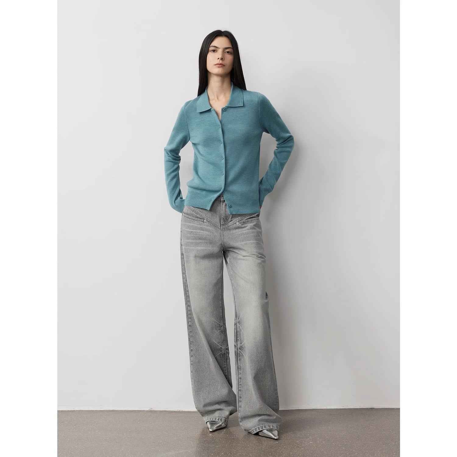Vintage Heavy Wash Distressed Marble Pattern V - Shaped Segmented Slimming Textured Straight - Leg Denim Trousers - variant_title