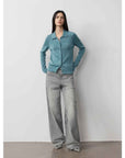 Vintage Heavy Wash Distressed Marble Pattern V - Shaped Segmented Slimming Textured Straight - Leg Denim Trousers - variant_title