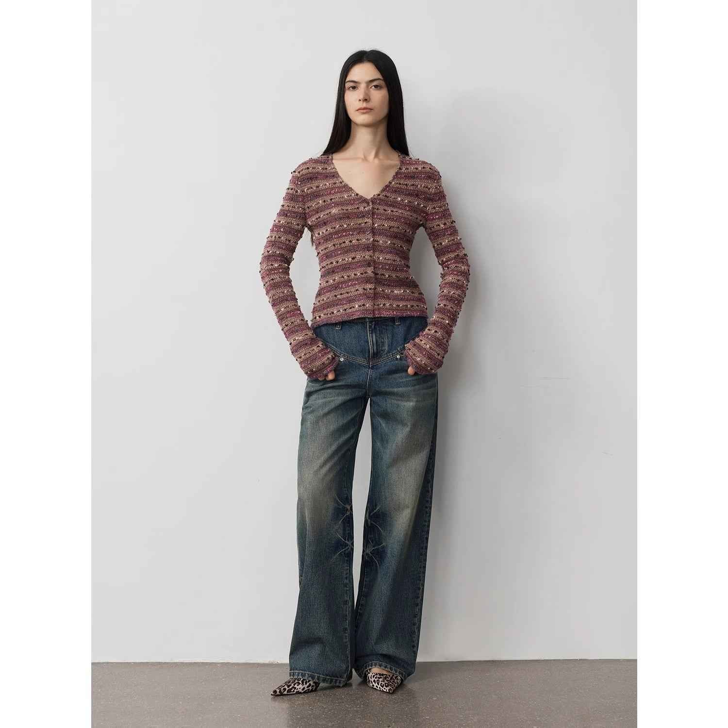 Vintage Heavy Wash Distressed Marble Pattern V - Shaped Segmented Slimming Textured Straight - Leg Denim Trousers - variant_title