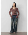 Vintage Heavy Wash Distressed Marble Pattern V - Shaped Segmented Slimming Textured Straight - Leg Denim Trousers - variant_title