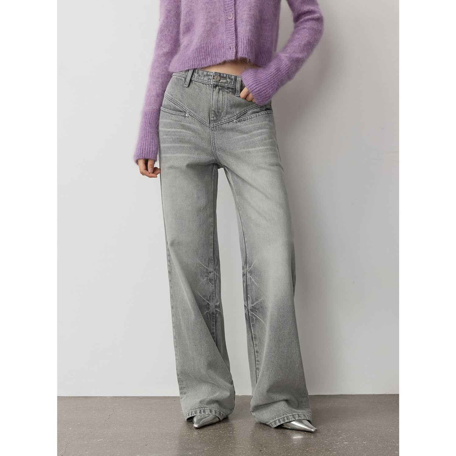 Vintage Heavy Wash Distressed Marble Pattern V - Shaped Segmented Slimming Textured Straight - Leg Denim Trousers - variant_title