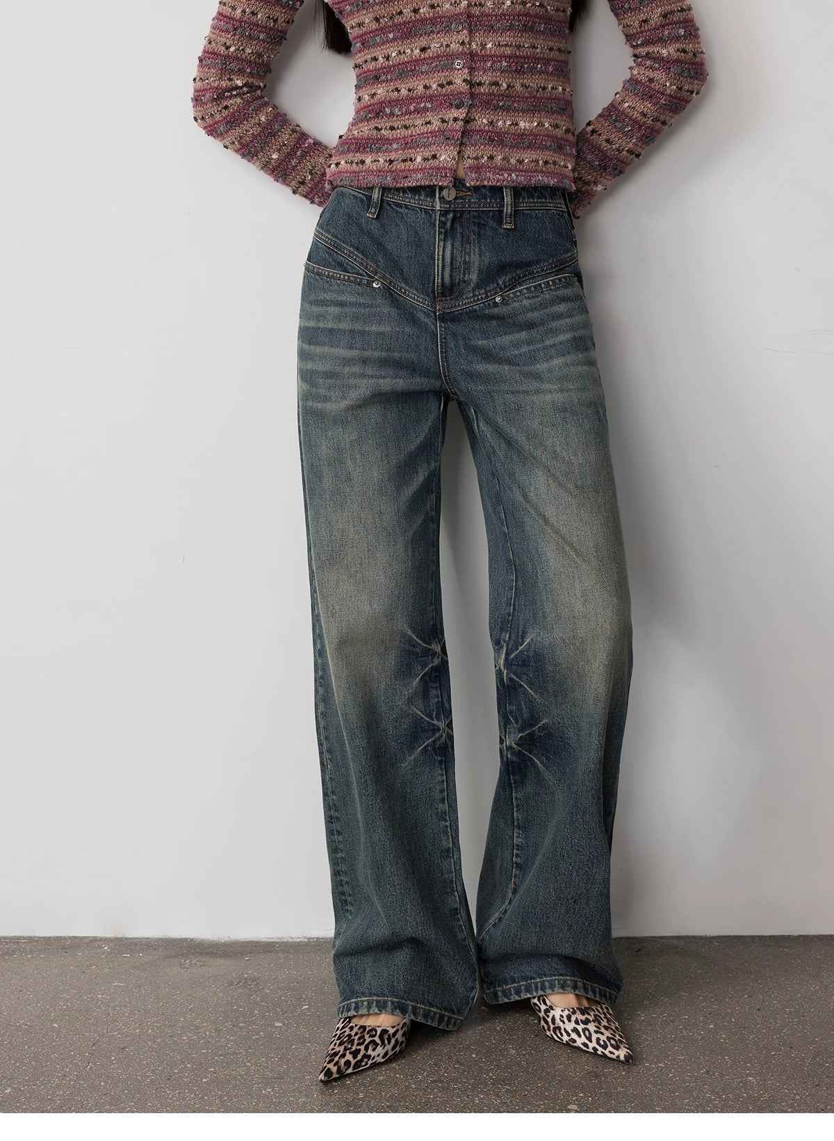 Vintage Heavy Wash Distressed Marble Pattern V - Shaped Segmented Slimming Textured Straight - Leg Denim Trousers - variant_title