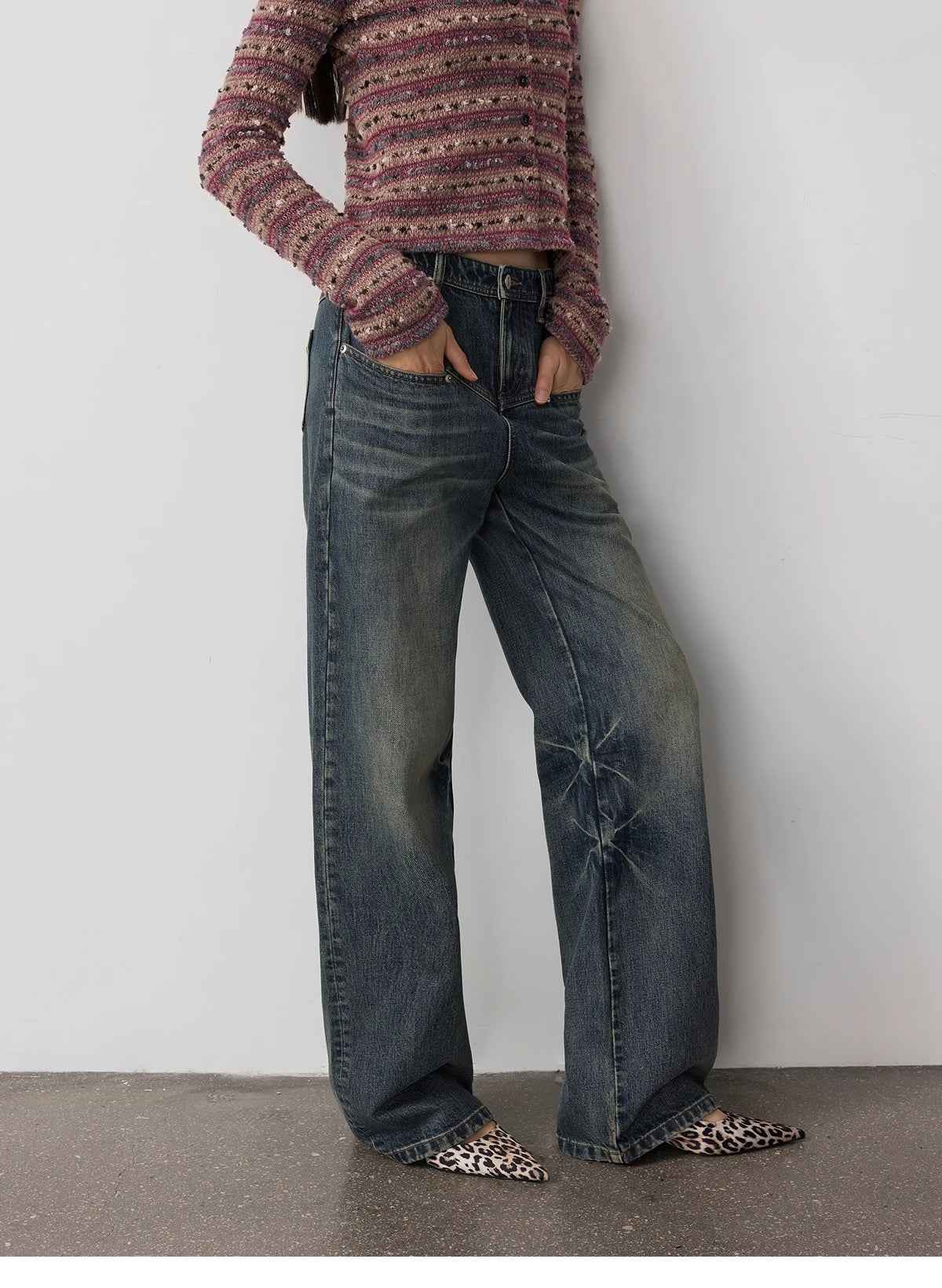 Vintage Heavy Wash Distressed Marble Pattern V - Shaped Segmented Slimming Textured Straight - Leg Denim Trousers - variant_title