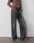 Vintage Heavy Wash Distressed Marble Pattern V - Shaped Segmented Slimming Textured Straight - Leg Denim Trousers - variant_title