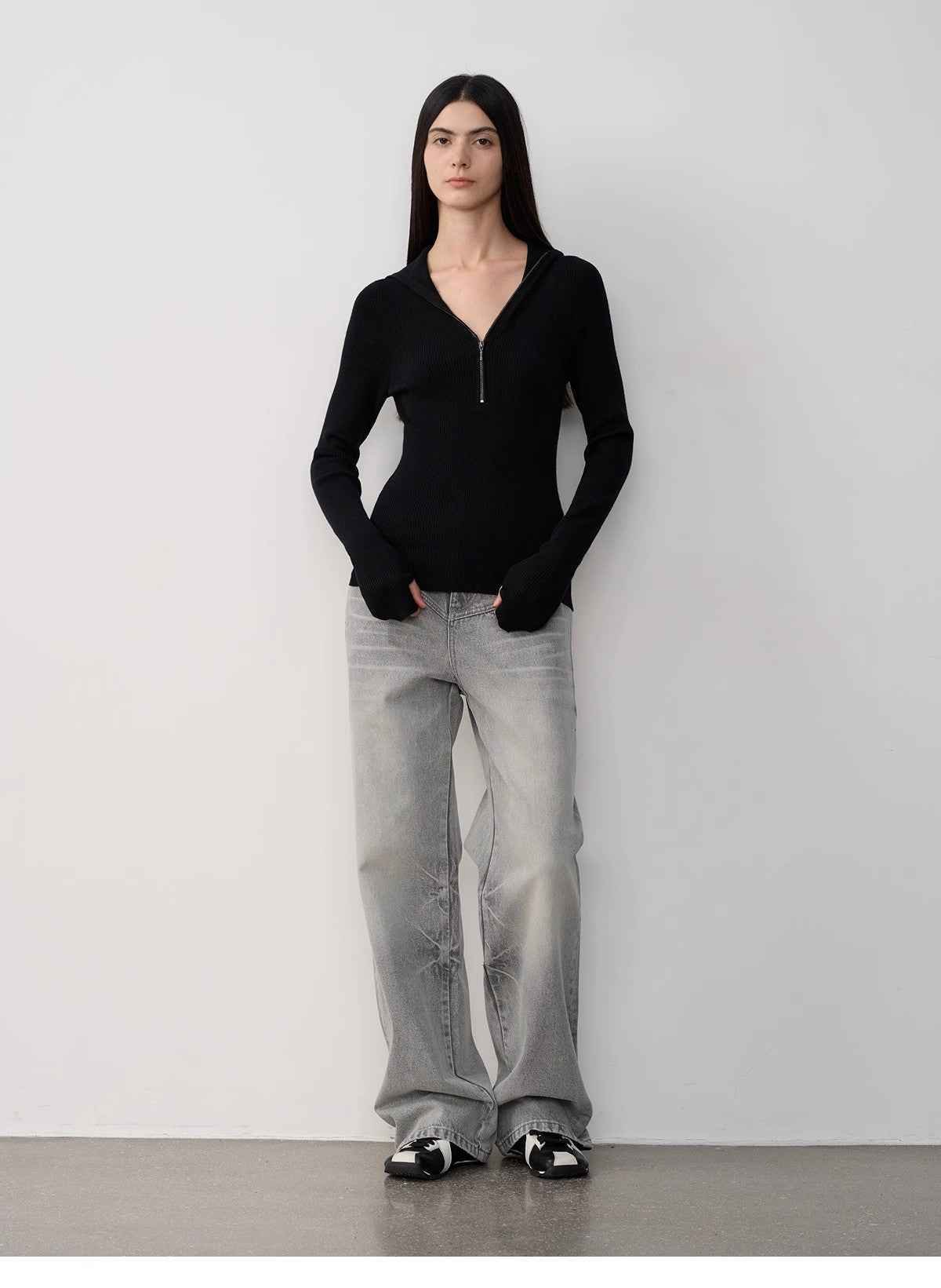 Vintage Heavy Wash Distressed Marble Pattern V - Shaped Segmented Slimming Textured Straight - Leg Denim Trousers - variant_title