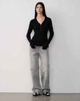 Vintage Heavy Wash Distressed Marble Pattern V - Shaped Segmented Slimming Textured Straight - Leg Denim Trousers - variant_title