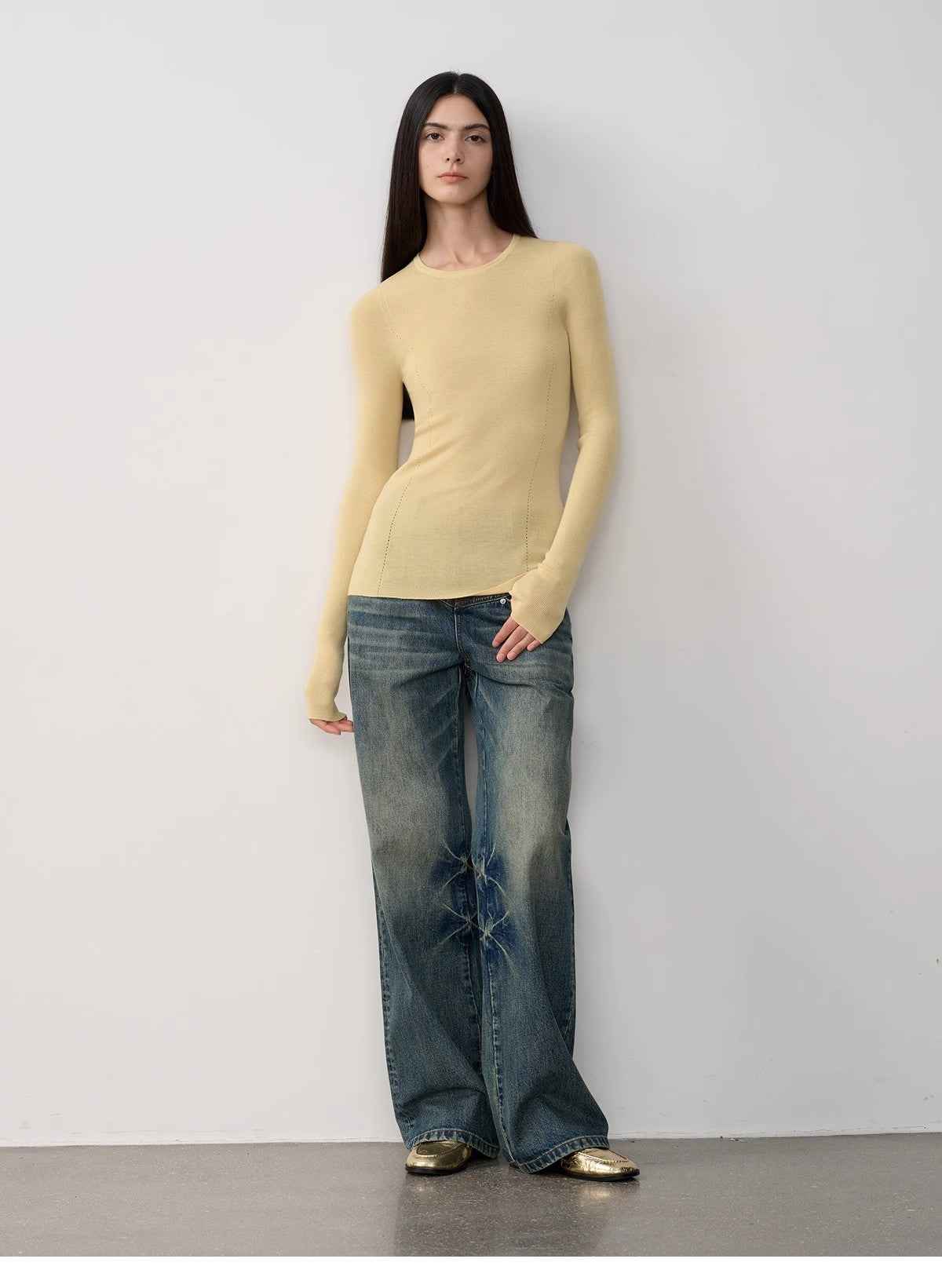 Vintage Heavy Wash Distressed Marble Pattern V - Shaped Segmented Slimming Textured Straight - Leg Denim Trousers - variant_title