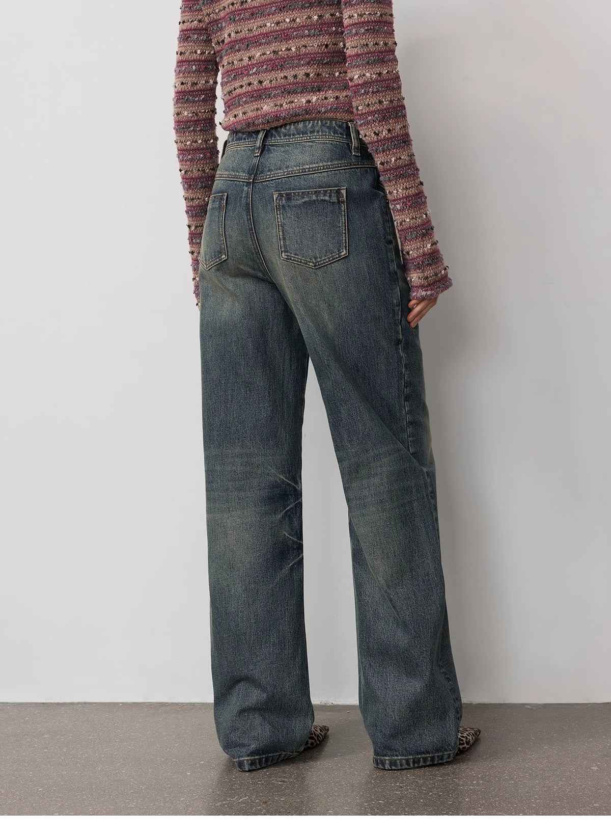 Vintage Heavy Wash Distressed Marble Pattern V - Shaped Segmented Slimming Textured Straight - Leg Denim Trousers - variant_title