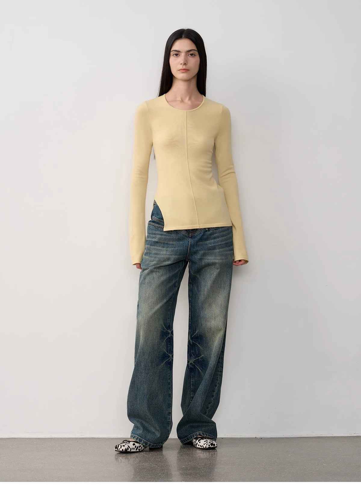 Vintage Heavy Wash Distressed Marble Pattern V - Shaped Segmented Slimming Textured Straight - Leg Denim Trousers - variant_title