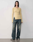 Vintage Heavy Wash Distressed Marble Pattern V - Shaped Segmented Slimming Textured Straight - Leg Denim Trousers - variant_title