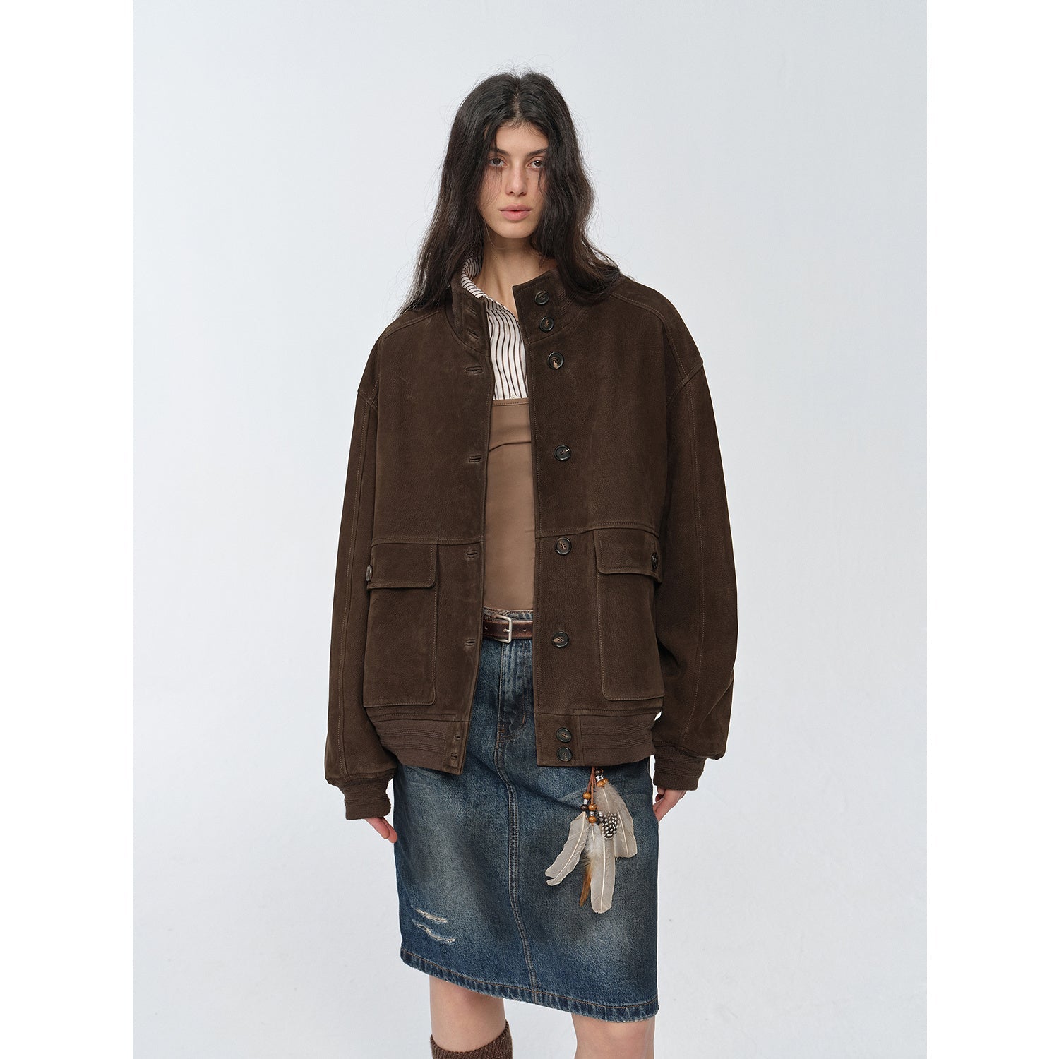 Vintage suede sheepskin funnel neck leather jacket- Firelady Fur