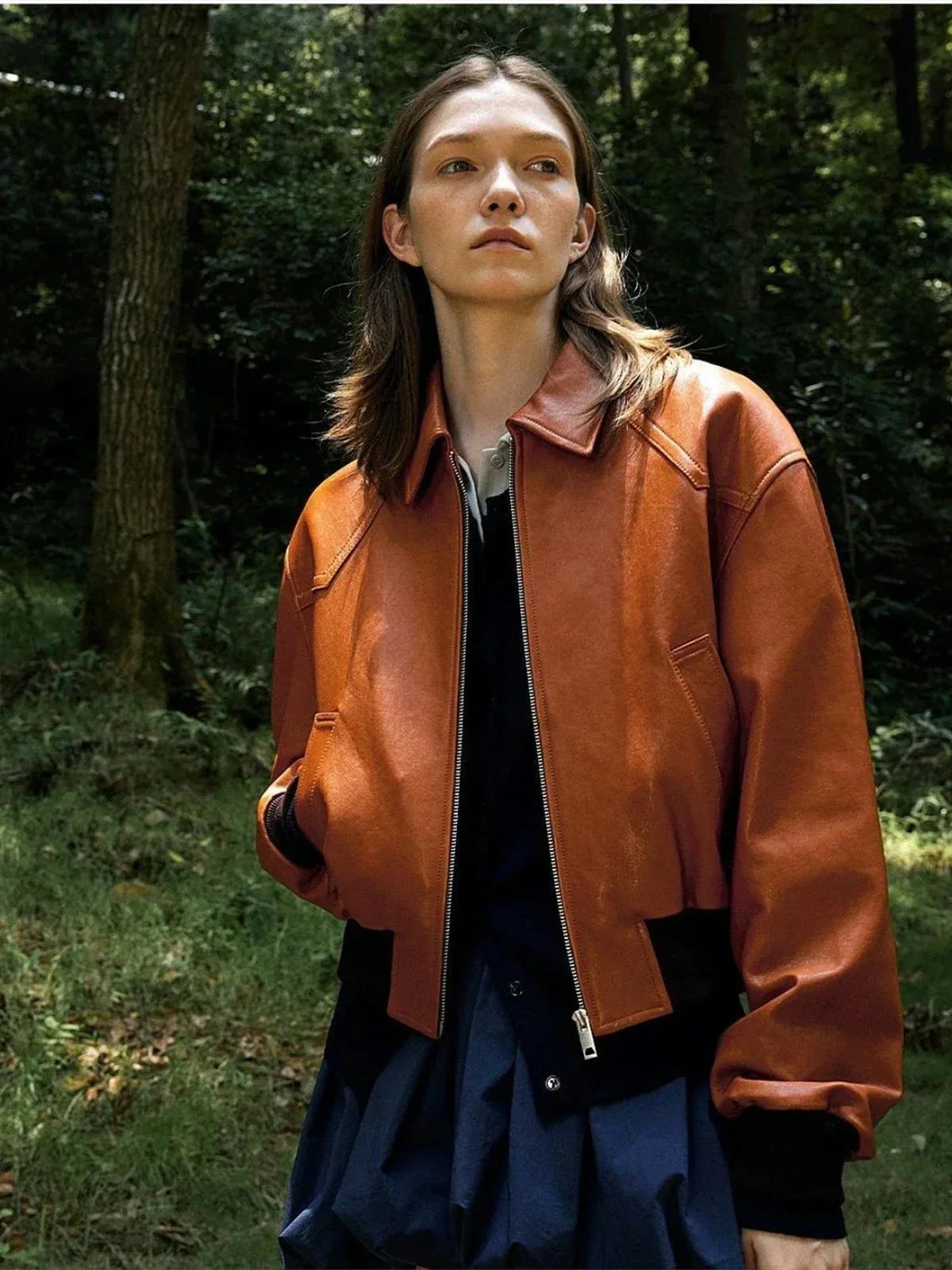 Cropped Lambskin Leather Jacket - Reddish Brown front view