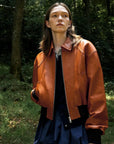 Cropped Lambskin Leather Jacket - Reddish Brown front view